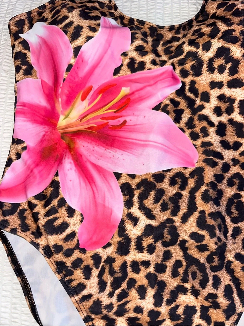 SHEIN Leopard Print One-Piece Swimsuit with Pink Floral Accent